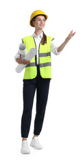 Young engineer in hard hat and reflective vest with drafts on white background