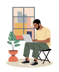 Black African American man in casual clothes sitting on chair, working on laptop with potted plant and city window view. Flat colorful vector illustration of freelance remote work concept