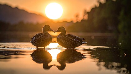 Two Ducks Face Face Sunset
