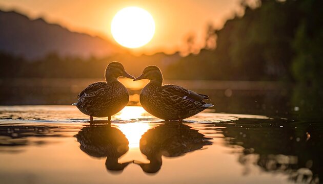Two ducks face to face at sunset, silhouettes against golden light