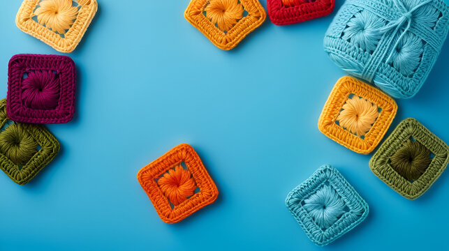 Granny squares on blue background. Top view with copy space. Handmade crocheting, needlework and handicraft concept - crocheting accessories