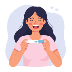 Smiling woman holding pregnancy test with positive result, she feels happiness, joy and excitement. Woman is preparing to become a mother. 