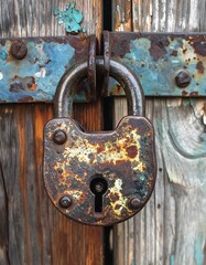 Rusty padlock on weathered wooden doors