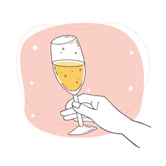Hand holding a glass of champagne on a pink background, toast. Christmas, anniversary or wedding celebration. 