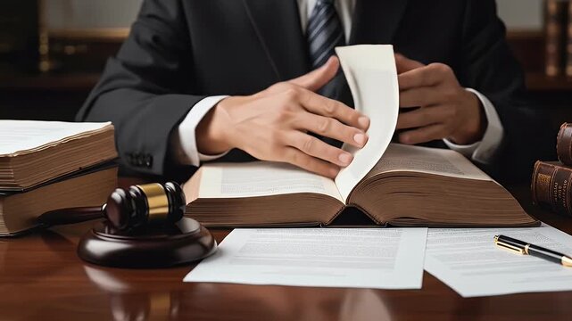 Person in Black Suit Flipping Through Legal Document with Gavel on Brown Wooden Table