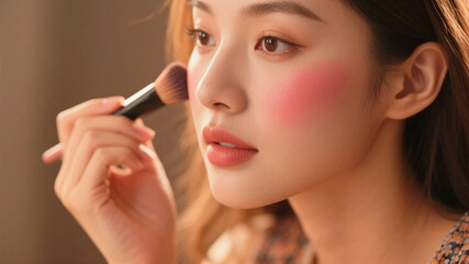 Fototapeta premium Close-up of applying Makeup. Getting ready. Cosmetics. Woman. Beautiful. Makeup in progress.