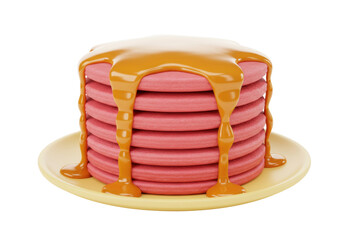 Isolated Stack of Pink Pancakes Drizzled with Syrup on Plate Tasty Brunch Dessert Treat Sweet