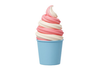 Isolated swirl ice cream in light blue cup dessert, pink white soft treat, frozen yogurt