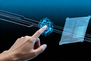 Hand interacting with futuristic holographic interface and data display