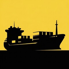 Large Black Cargo Ship Silhouette Against Bright Yellow Sky