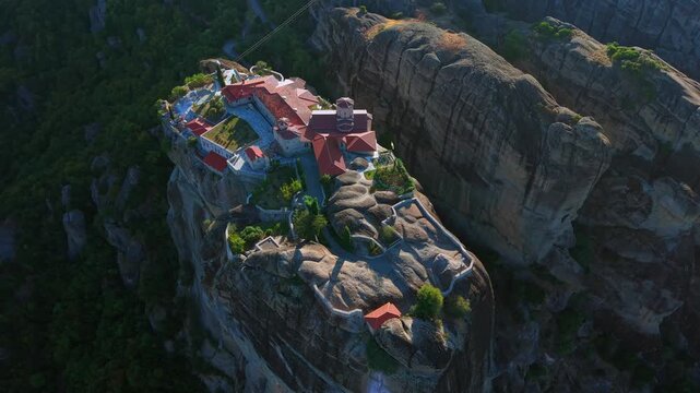 Aerial View of Meteora Monasteries Perched on Towering Rock Formations
