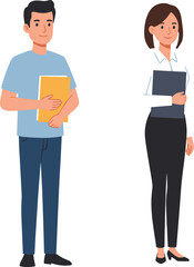 Business professionals standing with folders, office attire, workplace diversity, corporate teamwork, formal clothing, career concept, vector illustration design