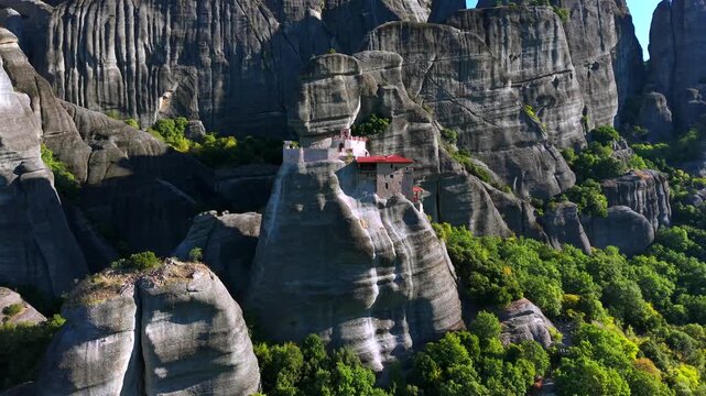 Aerial View of Meteora Monasteries Perched on Towering Rock Formations