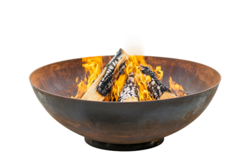 Outdoor fire pit bowl with burning flames isolated on transparent background