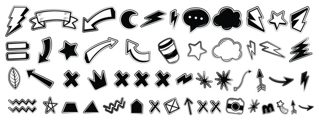 Hand drawn doodle icons set arrows, stars, lightning, speech bubbles, clouds, camera, shapes black and white sketch style vector elements for ui, web, social media, presentations.