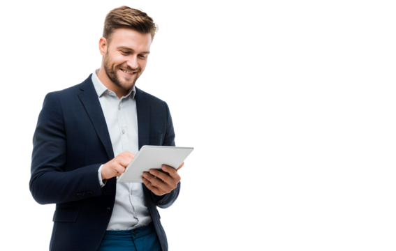 a middle-aged man wearing glasses and business casual attire, smiling while using an ipad in his hands