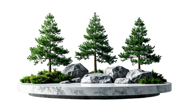 Three evergreen trees on a marble platform with rocks