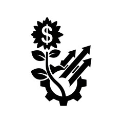 Black Dollar Sign Flower Growing with Gear and Upward Arrows on White Background