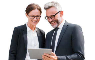 a smiling middle-aged business couple using an ipad, wearing professional attire, looking at the screen together