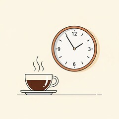 Minimalist Hot Coffee Cup with Brown Frame Wall Clock on Light Background