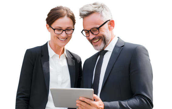  a smiling middle-aged business couple using an ipad, wearing professional attire, looking at the screen together