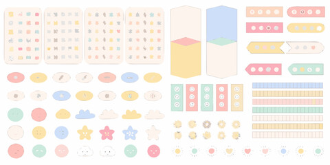 Collection of cute pastel colored planner stickers and graphic elements for journaling and scrapbooking