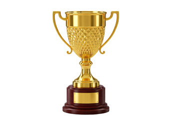 Isolated Golden Trophy Cup, Decorative Award with Wooden Base and Small Blank Label