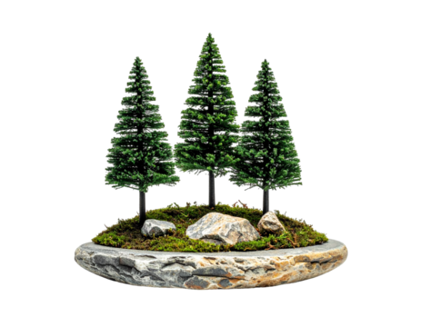 Miniature pine trees in a stone planter
