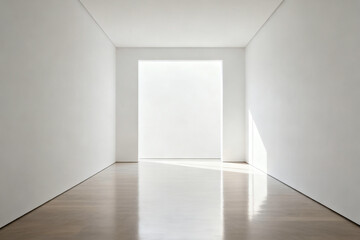 Minimalist white room with natural light entering through a bright doorway
