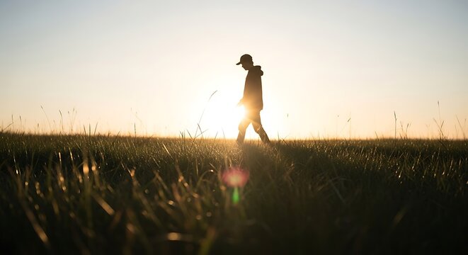 Silhouette of a person walking alone through a grassy field during a golden sunset.