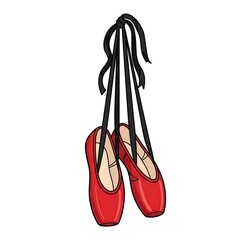 Red Ballet Shoes Hanging by Black Ribbons on White Background