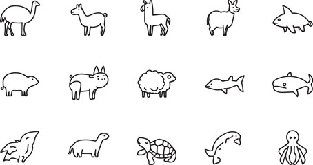 Vector line art set of wild and domestic animals including elephant, horse, bear, kangaroo, dolphin, squirrel, rabbit. EPS-ready for nature, education, and wildlife themes.