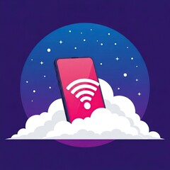 Smartphone with White Wifi Symbol on Red Screen Emerging From White Cloud Under Starry Night Sky