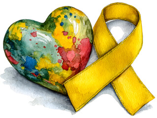 Watercolor yellow ribbon and heart. Symbol of Childhood Cancer Awareness Month. Hand drawed watercolor illustration isolated on tranparent.
