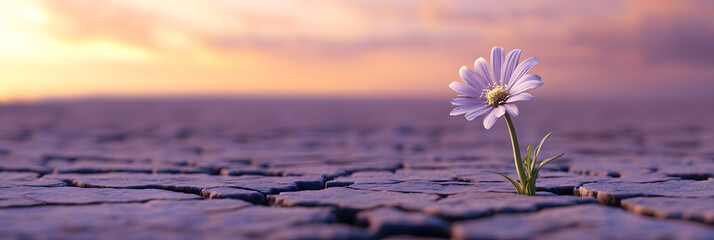 A Solitary Flower Thriving Against the Odds in a Deserted - Cracked Landscape wide banner - purple background