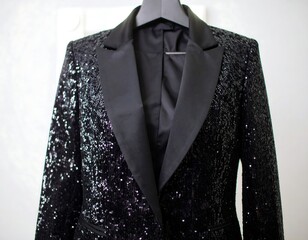 Black sequin blazer on a hanger