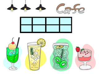 お洒落なカフェのドリンクの手描きイラスト・カフェ・メニュー・ラベルデザイン