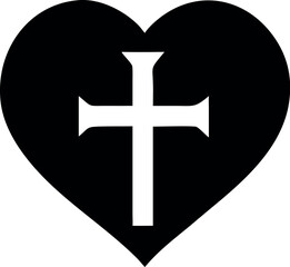Obraz premium Christian cross icon in the heart inside icon vector. Black Christian cross symbol illustration