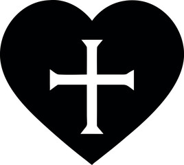 Obraz premium Christian cross icon in the heart inside icon vector. Black Christian cross symbol illustration