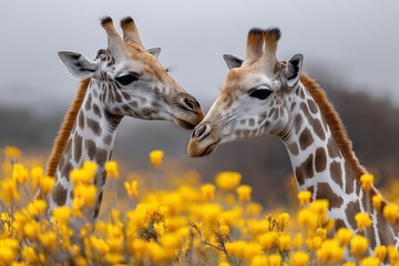 Two giraffes showing affection to each other while standing in a field of yellow flowers, embodying love and tranquility in nature.