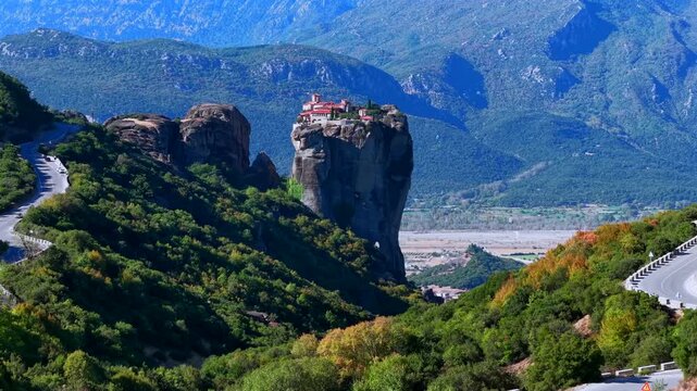 Aerial View of Meteora Monasteries Perched on Towering Rock Formations