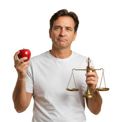 Man holding red apple and scales isolated on transparent background