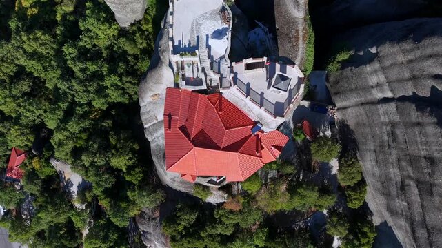 Aerial View of Meteora Monasteries Perched on Towering Rock Formations