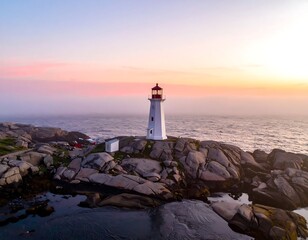Coastal lighthouse at sunset, perched on rocky outcrop, ocean mist