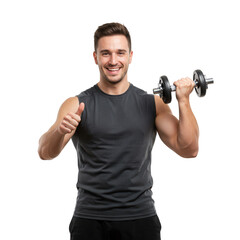 Smiling fit man with dumbbell giving thumbs up isolated on transparent background