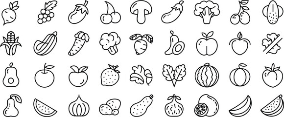 40 fruit and vegetable icons, black and white line art, healthy food symbols, flat vector, isolated, grid layout, minimal style
