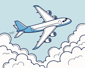 Naklejka premium Passenger airplane in white and blue colors flying high above fluffy clouds with a clear bright sky and sunlight reflecting on the wings.