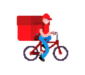 Courier riding a bicycle with a delivery backpack, symbolizing fast city delivery, eco-friendly transport, urban logistics, and modern shipping service.