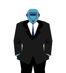Humanoid robot dressed in a business suit, symbolizing artificial intelligence in corporate world, automation of work, future of business and robotics.