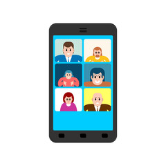Video conference on smartphone with chat interface, symbolizing remote meetings, online teamwork, and digital communication in modern lifestyle.